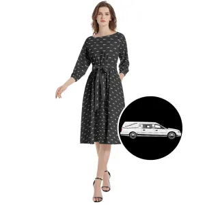 White Hearse on Black - Boat Neck Belted Flared Dress