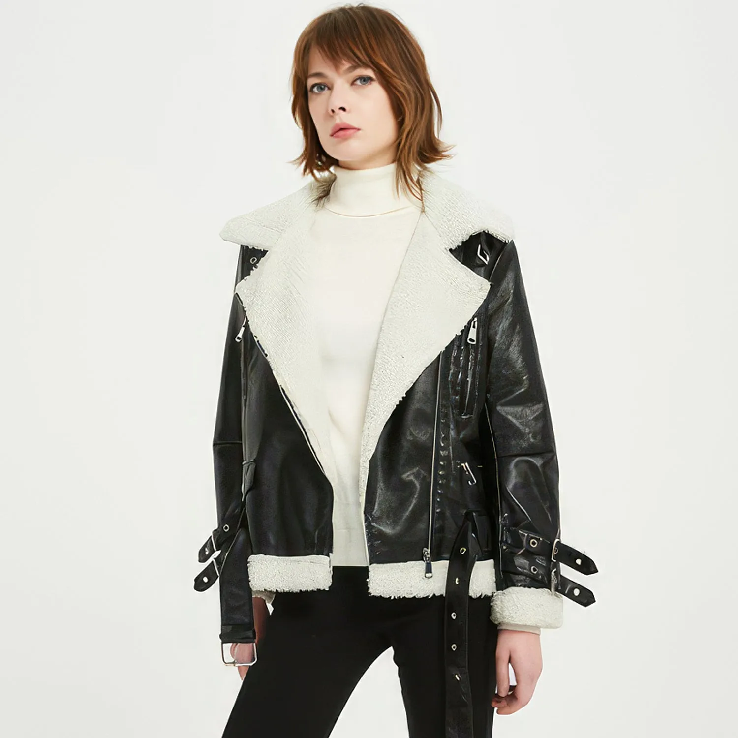 Women’s Black Genuine Sheepskin Sherpa Shearling Faux Fur Lined Winter Warm Korean style Asymmetric Zip-Up Leather Jacket