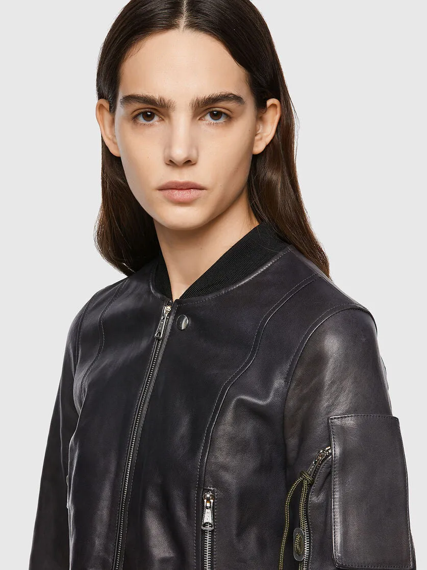 Women's Black Leather Bomber Jacket With Arm Pocket