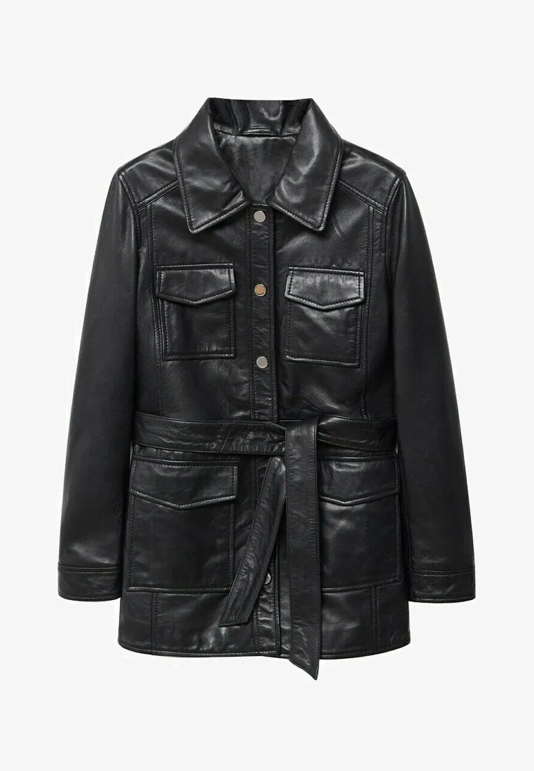 Women’s Black Leather Trucker Coat