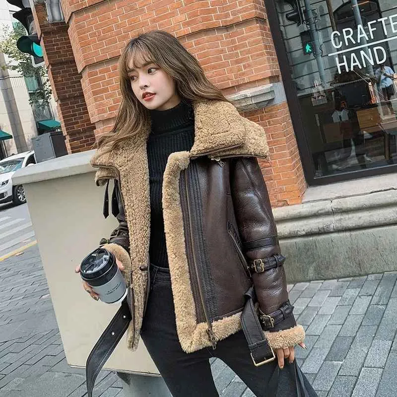 Womens Brown Leather Shearling Jacket with Double Collar