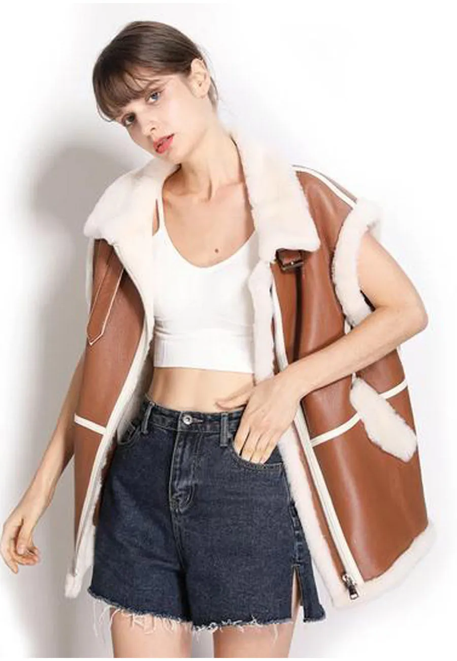 Women’s Camel Brown Leather Shearling Vest