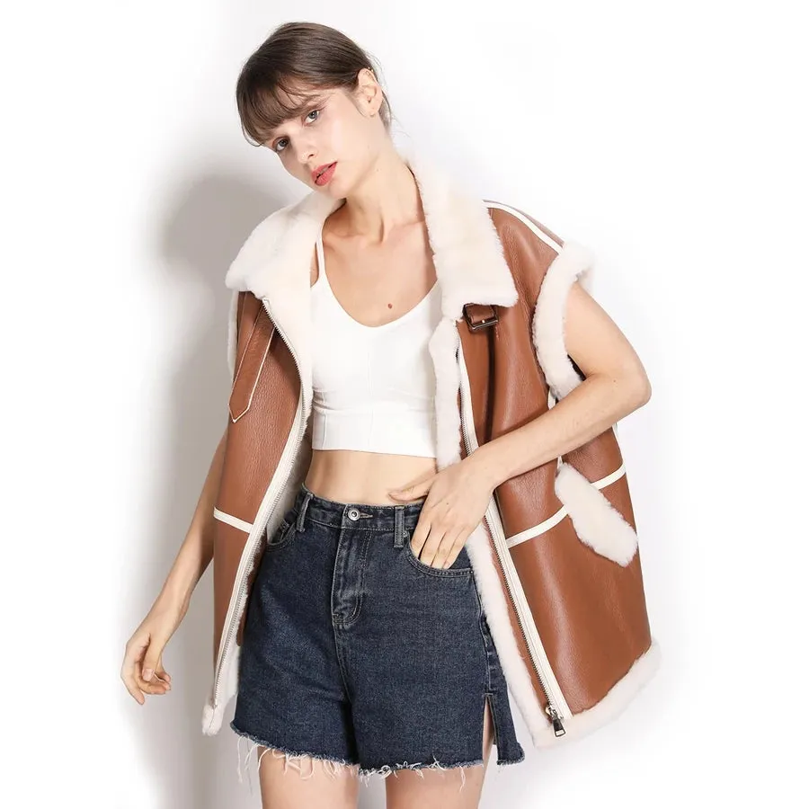 Women’s Camel Brown Leather Shearling Vest