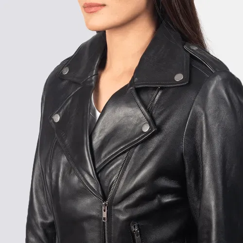 Womens Flashback Black Leather Biker Jacket