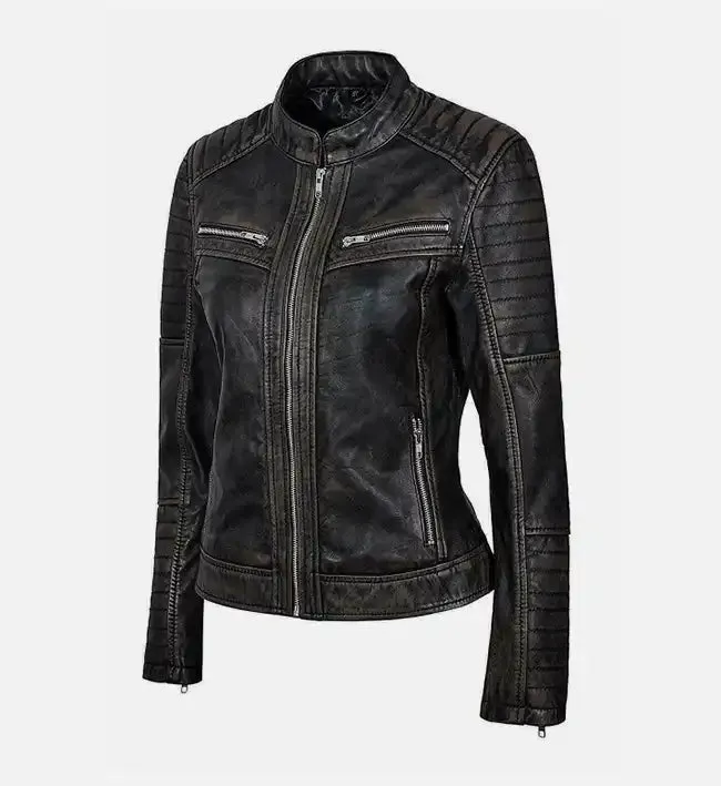 Women's Vintage Biker Black Leather Jacket