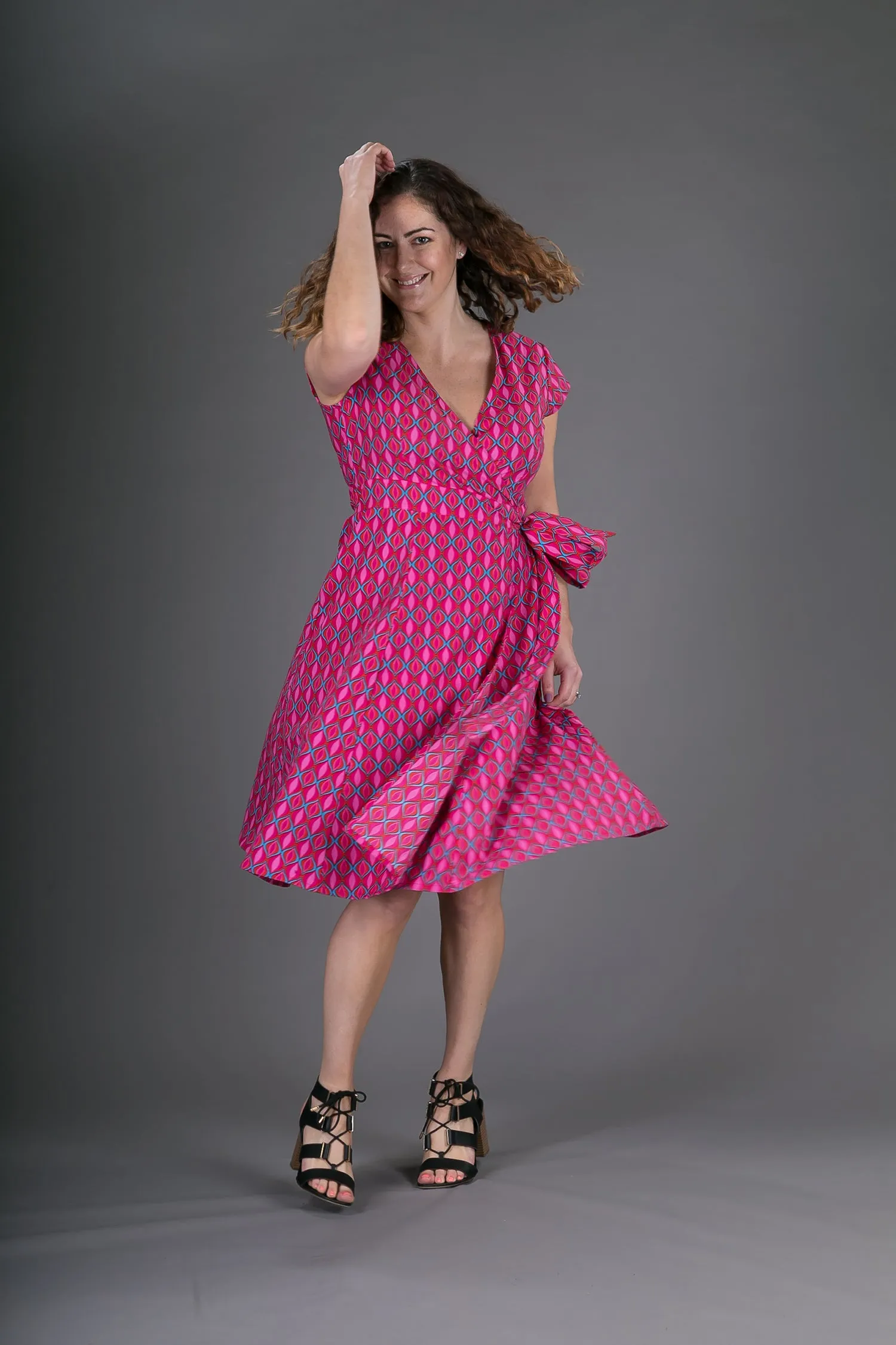 Wrap Cotton Dress Pink Geometric Print