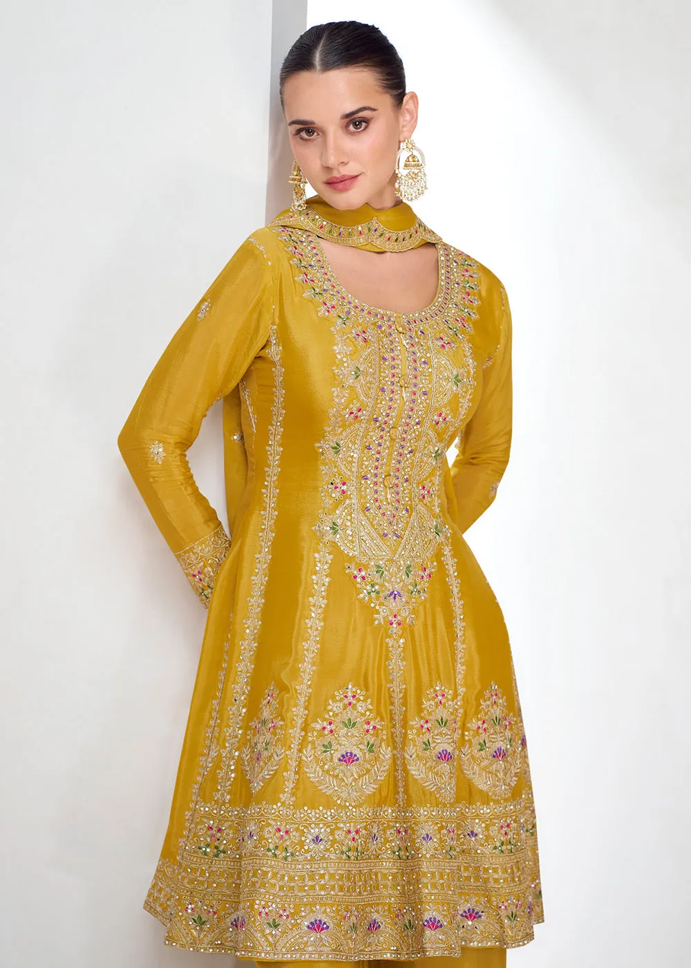 Yellow Festive Style Embroidered Trendy Palazzo Suit